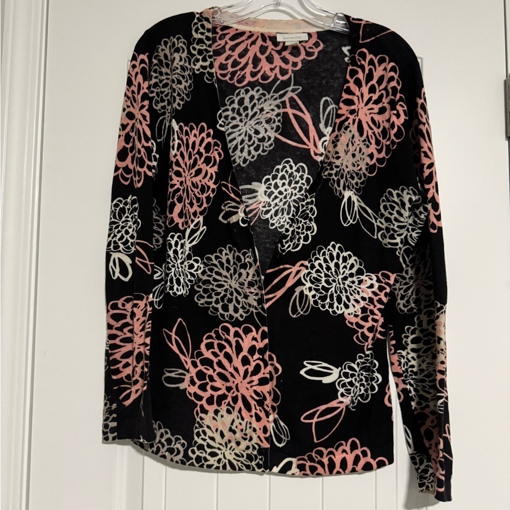 Garnet Hill Black Cardigan with Pink and Cream Floral Design